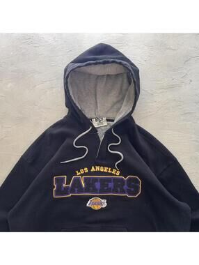 Vintage 1990s Los Angeles Lakers NBA Black Hoodie Henley Basketball Sportswear